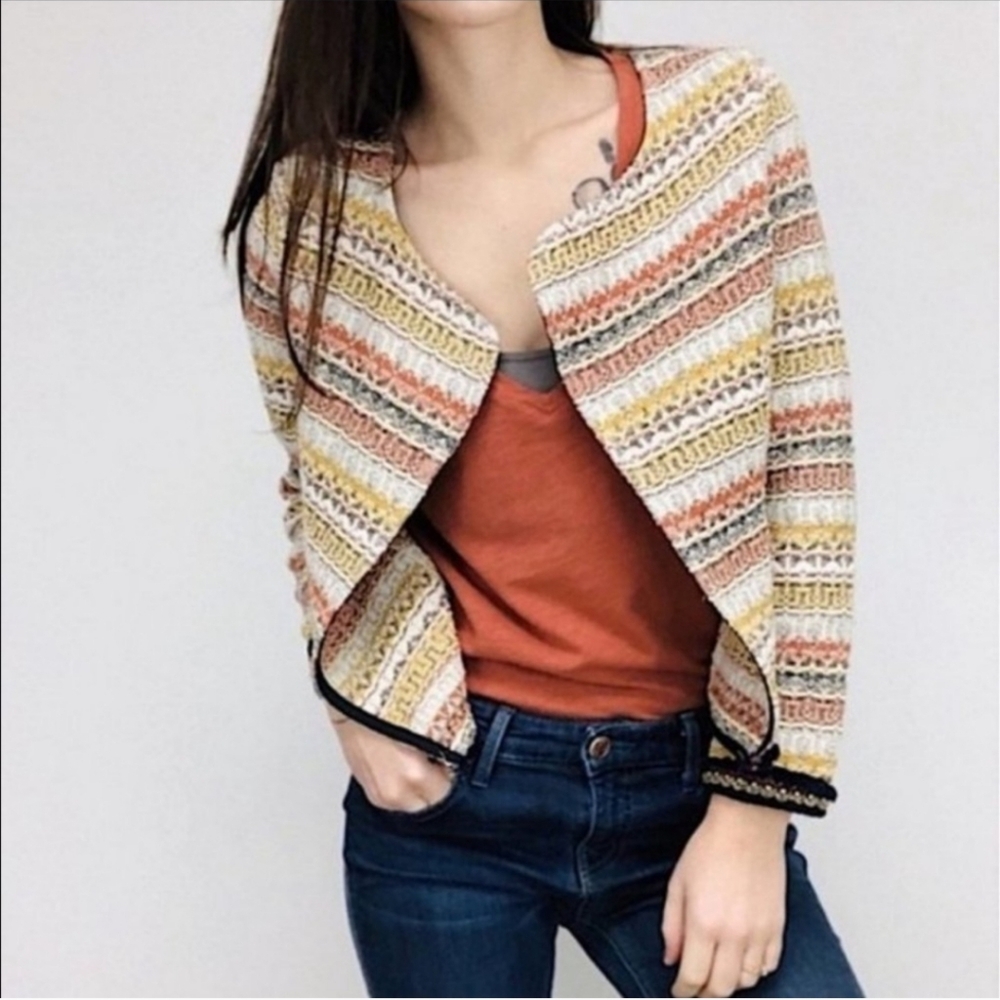 Zara Boho Textured Open Front Patterned Cardigan Sweater Multi-Color Size XS
